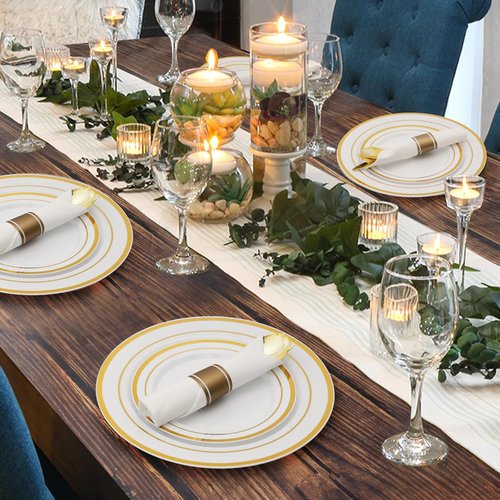 Goodluck 350-Piece Gold Plastic Dinnerware Set - Elegant Disposable Plates for 50 Guests | Includes Plates, Napkins & Cups
