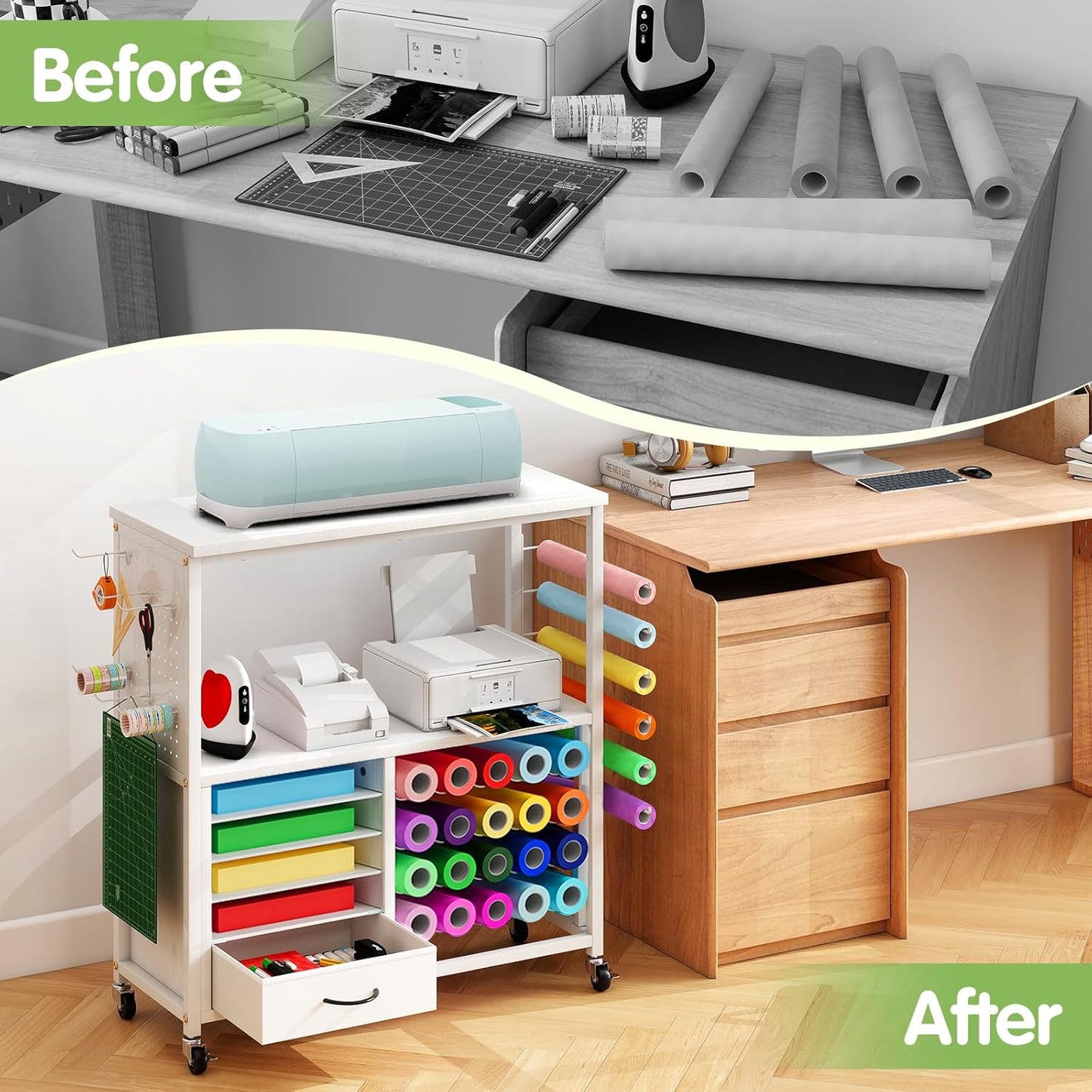 Skiennix Craft Storage Cart - Mobile Table with Vinyl Roll Holder & Drawers | Ideal for Studios & Offices