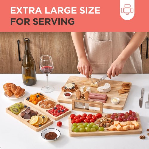 Bamboo Charcuterie Boards, Large Easter Charcuterie Board Set with Serving Tray Knife and Bowl, Bamboo Cheese Board for Christmas, Thanksgiving, House Warming Gifts New Home