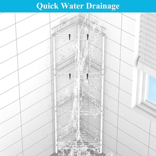 HuggieGems Corner Shower Caddy Organizer - 4 Tier Floor Standing Shelf with Hooks | White Bathroom Rack