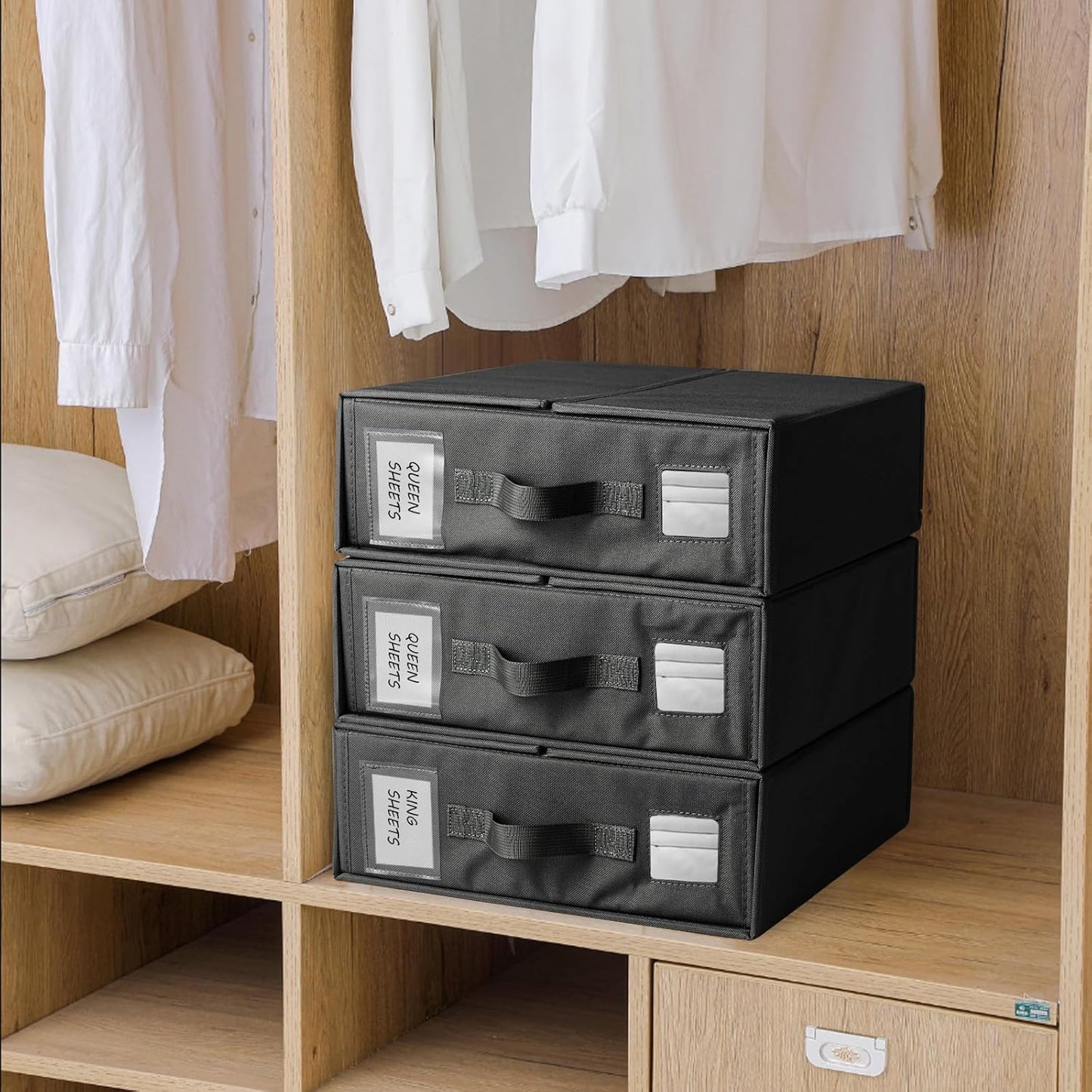 Skiennix Sheet Organizers - Versatile Storage Bins with Lids for Blankets, Clothing & Toys | Black, 3-Pack