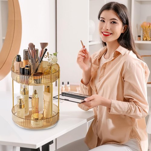 Aveniee 360 Rotating Makeup Organizer - Upgraded Two-Tier Vanity Storage for Perfume & Skincare - Gold