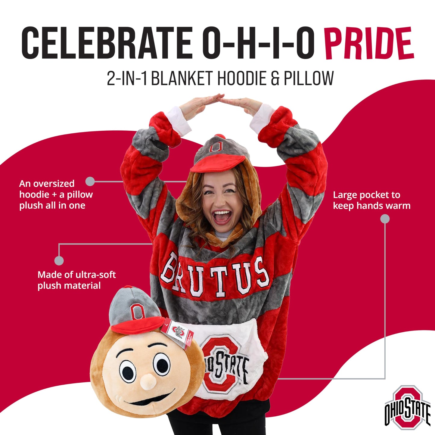 PLUSHIBLE BRIDGING MILES WITH SMILES Wearable Blanket Hoodie, Ohio State University, Brutus, 2-in-1 Oversized, Long Sleeve Sweatshirt Pocket, Cozy Valentine Gift - Brutus, One Size