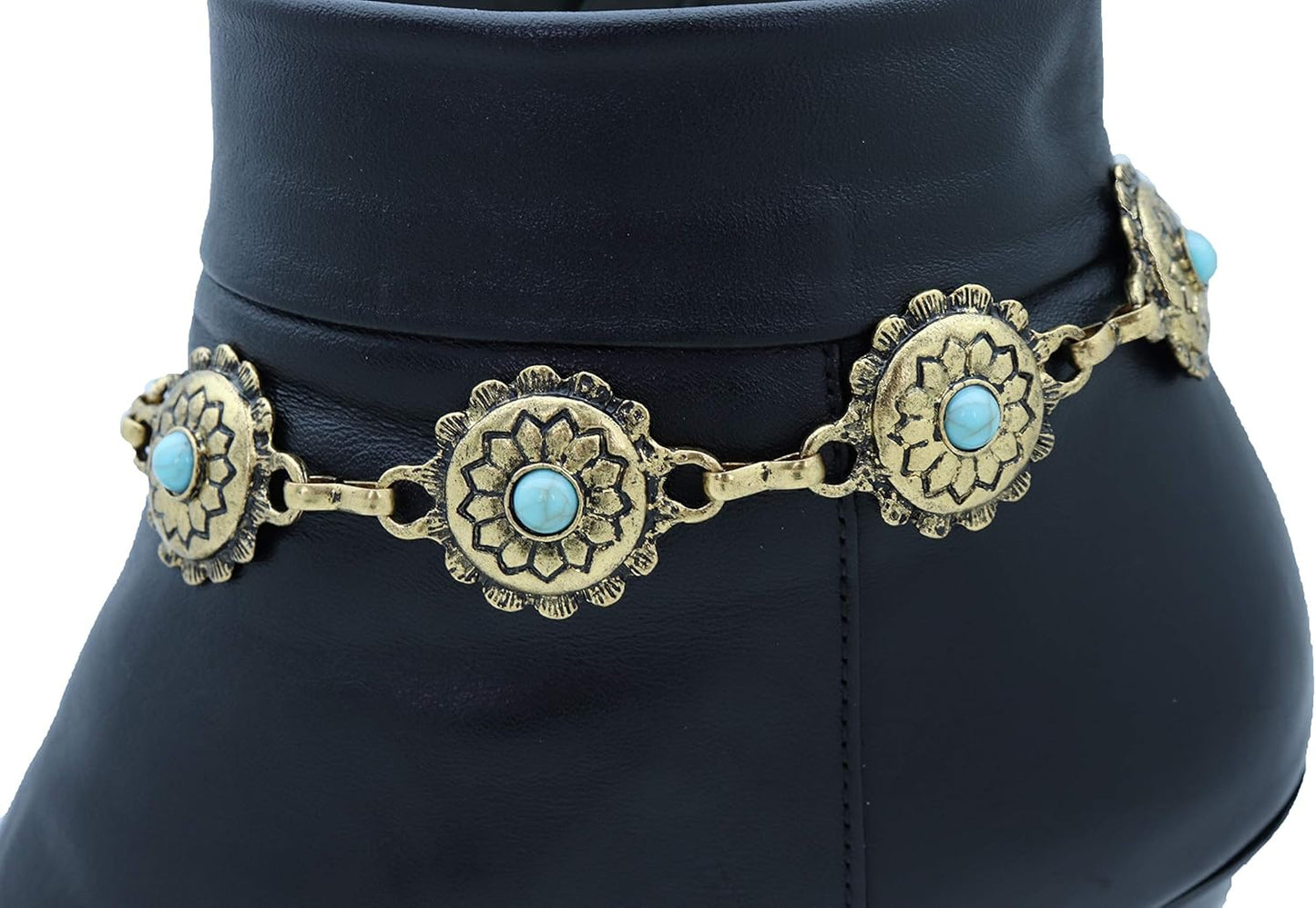TrendyFashionJewelry | Women's Western Bohemian Boot Chain Bracelet Anklet - Antique Gold with Blue Flower Charm