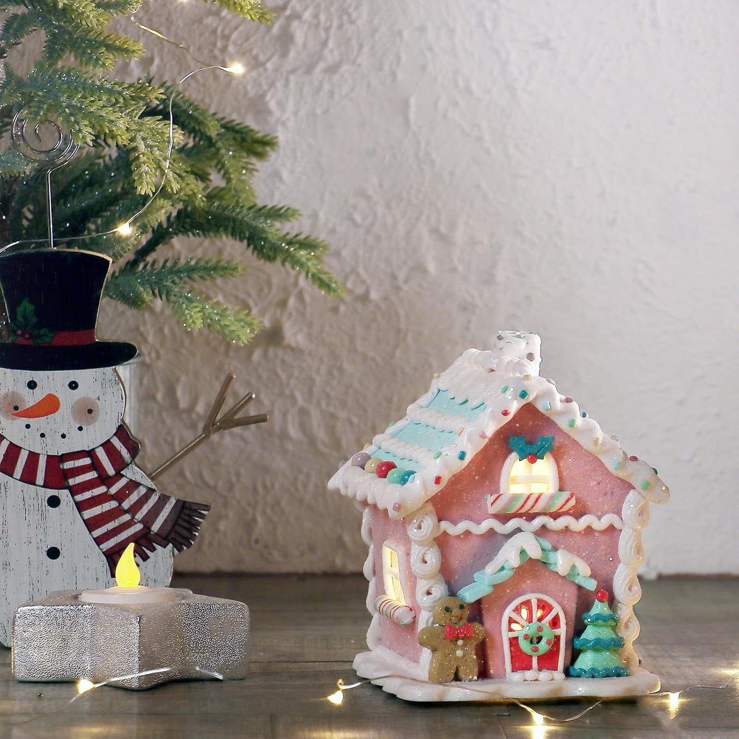 Skiennix LED Gingerbread House Christmas Decorations - 5.9" Ornaments with Gingerbread Cookie & Pine Tree