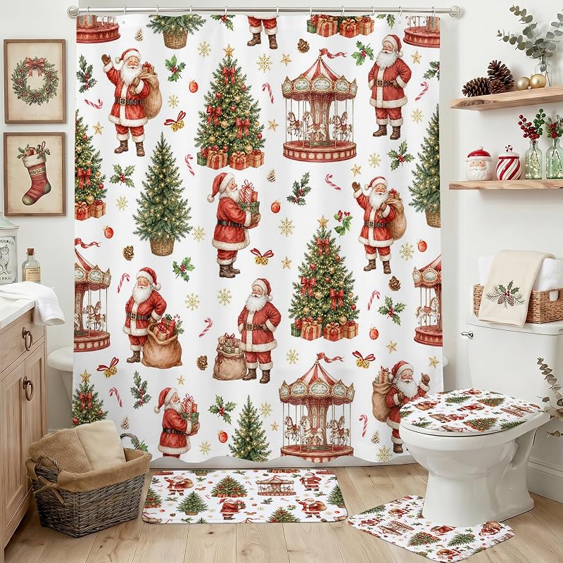 Santa Claus Shower Curtain Set - 4Pcs Holiday Bath Decor, 100% Polyester