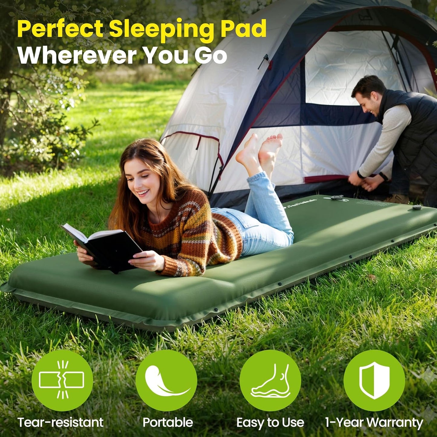 Skiennix Camping Sleeping Pad - Inflatable Memory Foam Mattress with Built-In Foot Pump | Green, 4 Season