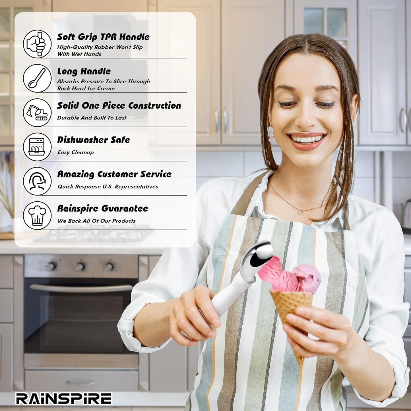 Rainspire Ice Cream Scoop - Heavy Duty Stainless Steel with Comfortable Handle | Perfect for Gelato, Sorbet, and Cookie Dough