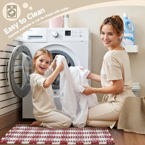 TYUU Waffle Bath Mat, Boho Christmas Bathroom Rugs Non Slip Washable Absorbent Checkered Bathroom Mat Quick Dry Cute Bath Mat, 24"x16" Red and White