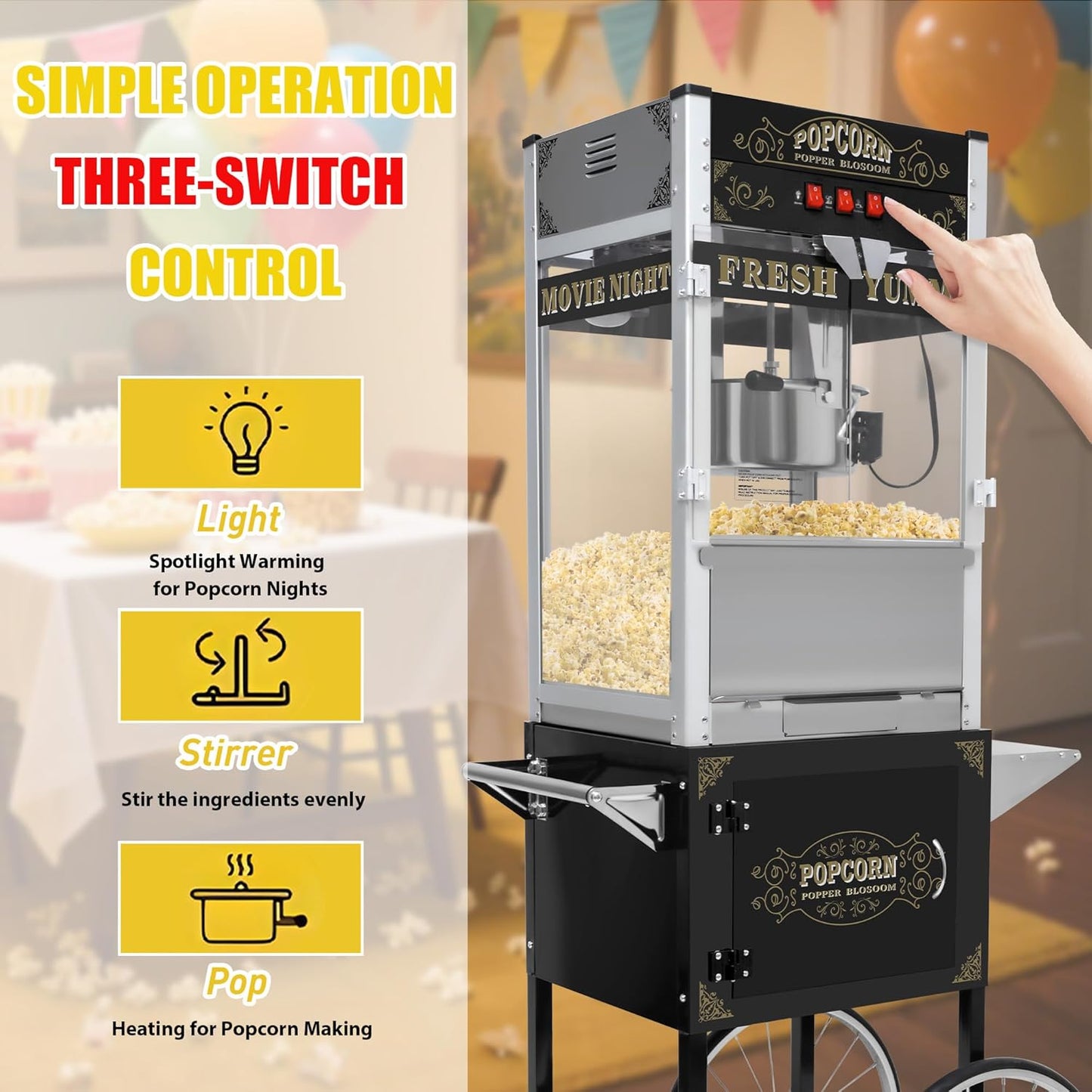 Skiennix 20 Oz Popcorn Machine Cart - Sleek Black Popcorn Maker with Storage Stand & Wheels