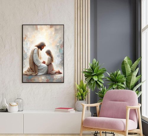Jesus Wall Art - Christian Spiritual Painting of Jesus Praying with Child | Unframed Religious Decor for Home