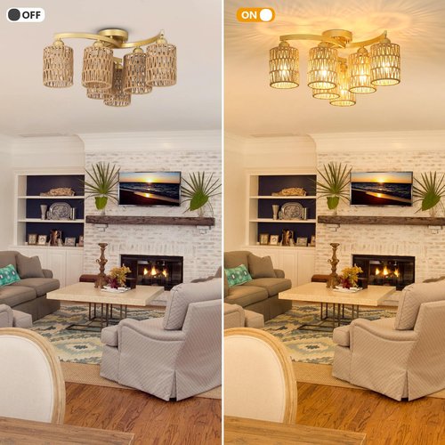 Bribyit Gold Ceiling Light Fixture, Hand-Woven Rattan Flush Mount Ceiling Light, Bedroom Light Fixtures Ceiling Mount with Fabric Shade, Boho Farmhouse Lighting for Kitchen Hallway Entryway Foyer