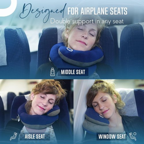 BCOZZY Travel Neck Pillow - Patented Double Support for Head, Neck & Chin | Adjustable Size, Large Navy, Fully Washable