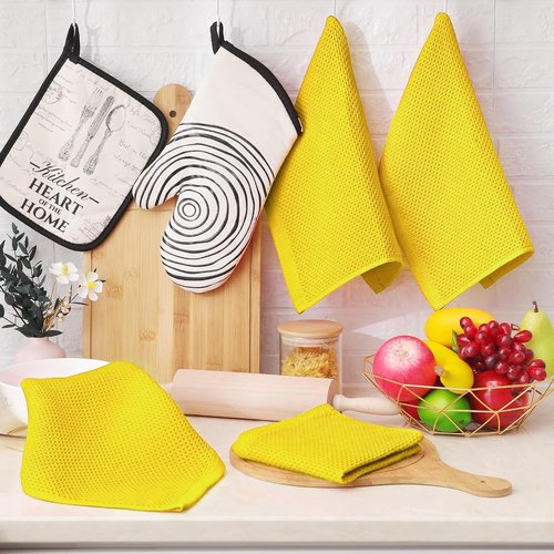 Homaxy Kitchen Dish Cloths - Ultra Soft 100% Cotton Waffle Weave, Quick Drying, 12x12 Inches, 6-Pack, Yellow