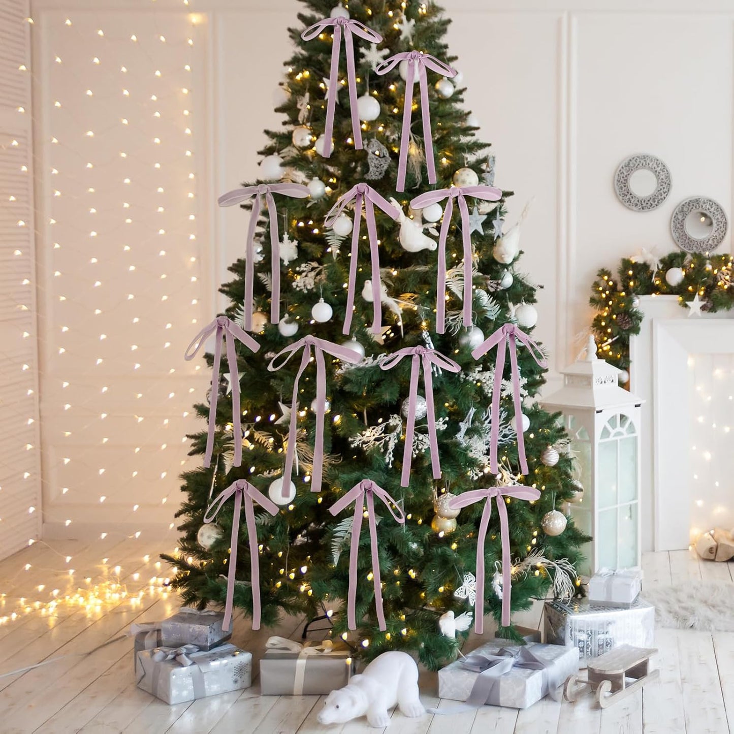 Skiennix 24 Pcs Velvet Bows - Vintage Ribbon Bows for Christmas Tree & Crafts | Light Purple, 5 x 7 Inch