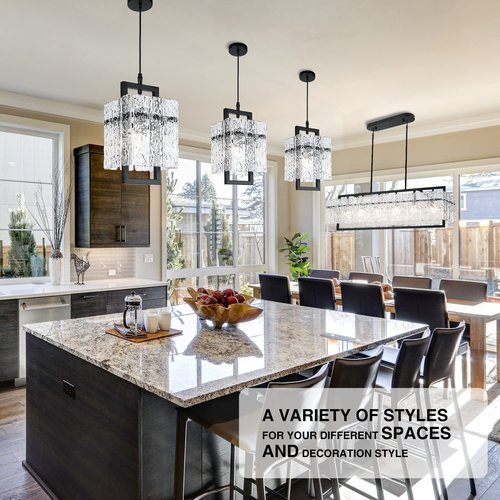 Black Crystal Pendant Light for Kitchen Island, Luxury Water Ripple Glass Chandelier Lights Fixture, Modern Elegant Adjustable Pendant Lighting for Dining Room Bedroom, E12 Bulb, L6.5'' x H11.8''