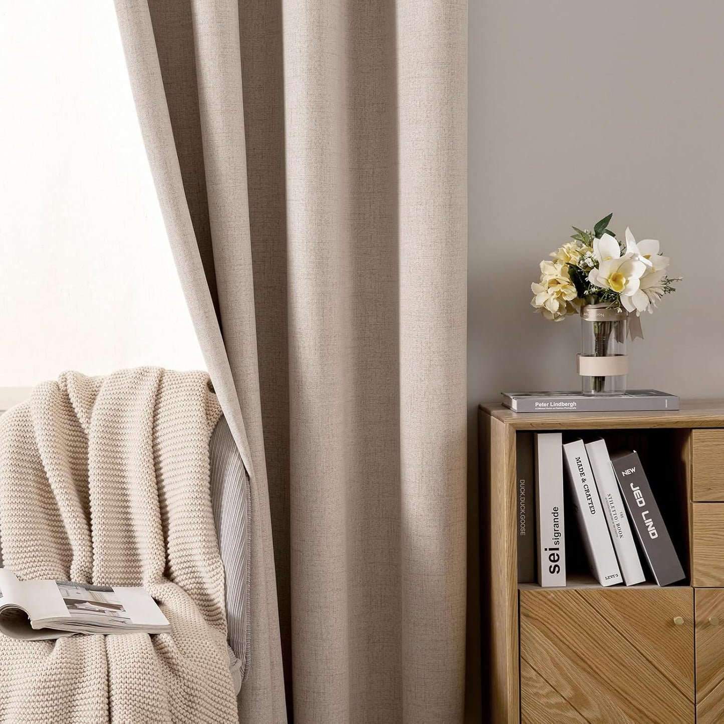 MIULEE 100% Blackout Linen Textured Curtains - Extra Long 112 Inches | Thermal Insulated Natural Beige (2 Panels)