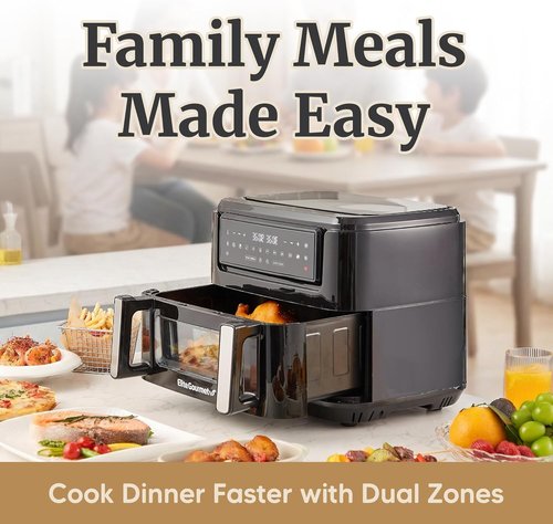 Elite Gourmet 11QT Dual Zone Air Fryer Oven - Sync Cook & Finish, PFAS Free Nonstick, 10 Presets, Black