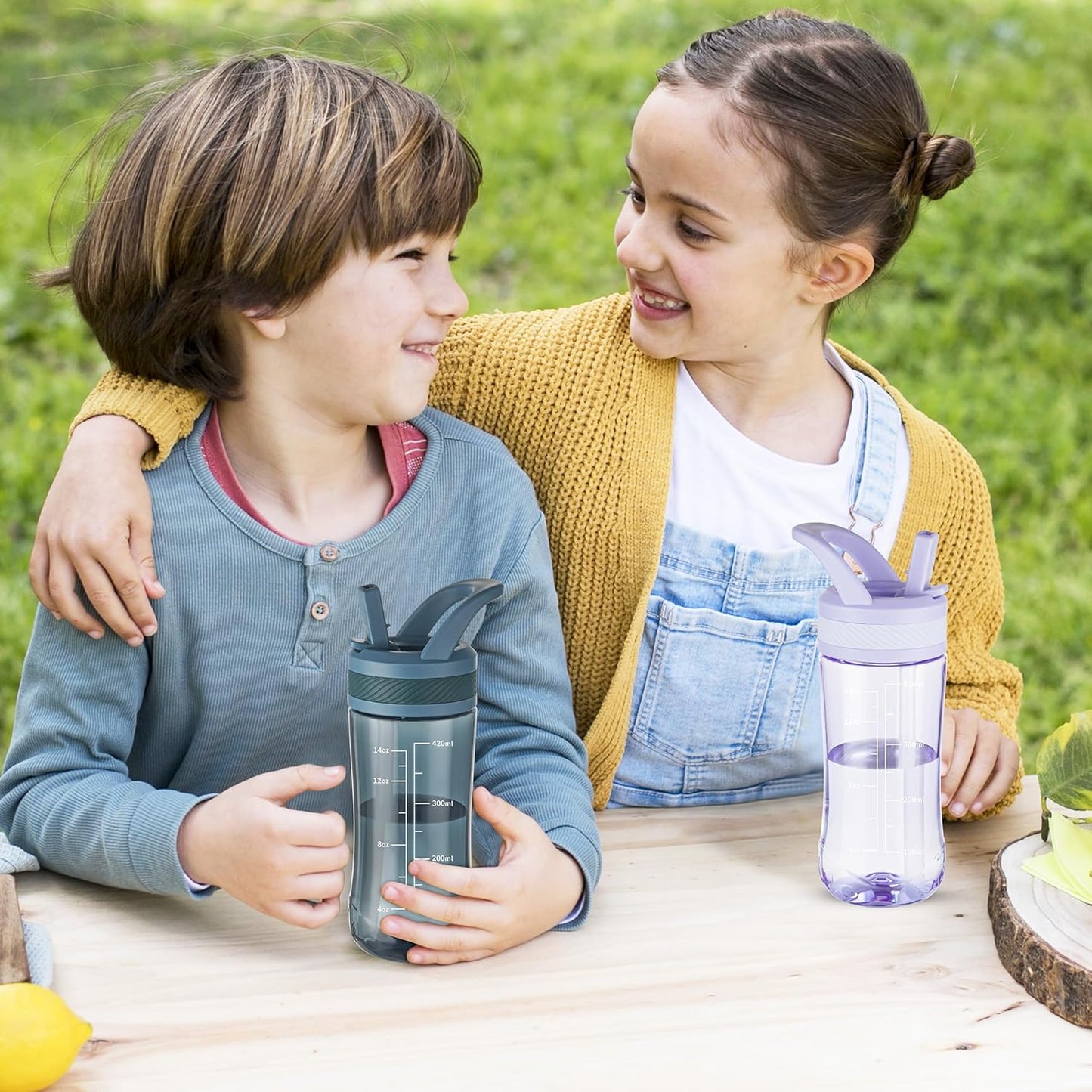 Skiennix Kids Clear Water Bottle - 14oz Leakproof Tritan Design with Flip Straw & Carry Handle - Dark Blue