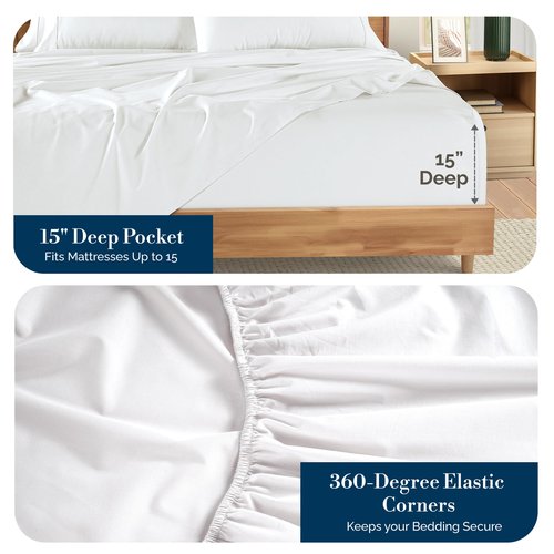 Casa Platino Queen Sheets Set –100% Cotton Queen Sheets with 4 Pillowcases, Lightweight Feel & Secure Fit, Crisp & Breathable Percale Weave with 15" Deep Pocket, Soft and Cozy – Pure White