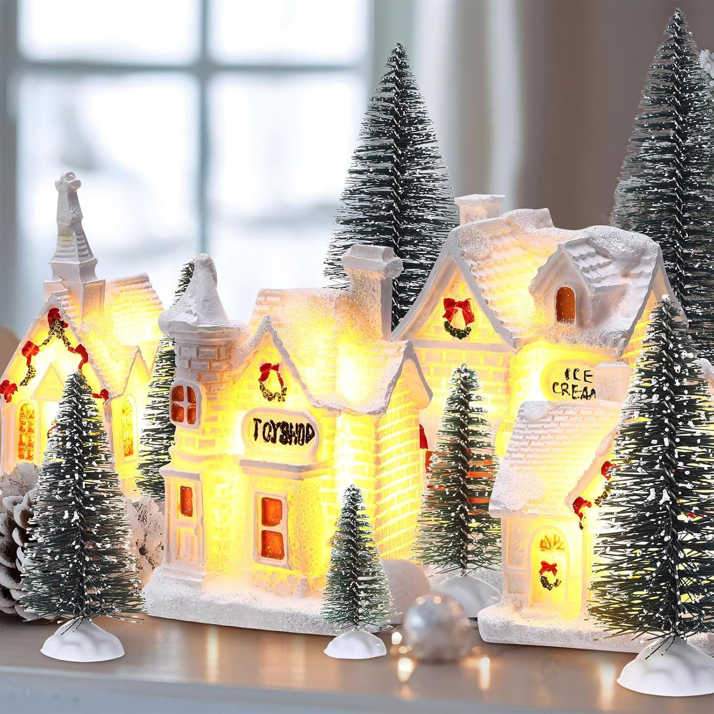 Vinsot 26-Piece Resin Winter Miniature Village Set - Light-Up LED Houses & Pine Trees Decor