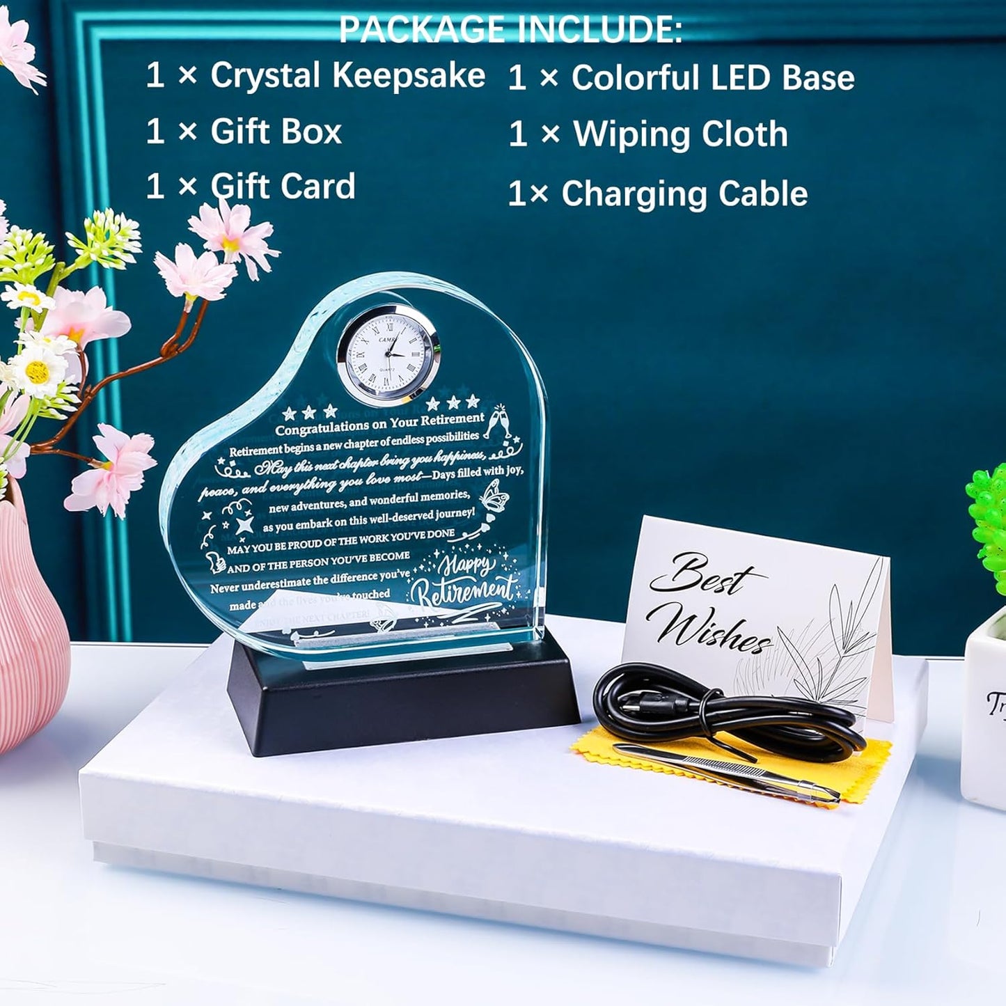 YWHL Retirement Gifts for Men Women 2025 Happy Retirement Gifts with LED Base Crystal Heart Farewell Retired Plaque Keepsakes Gift for Retiree Teacher Police Firefighter Nurse Coworker Doctor Friends