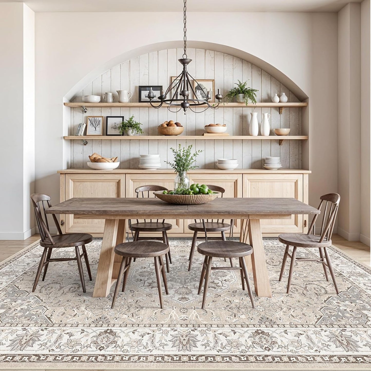 Skiennix 10x14 Washable Vintage Area Rug - Soft, Stain Resistant, Non-Slip Backing | Pet Friendly Beige Carpet