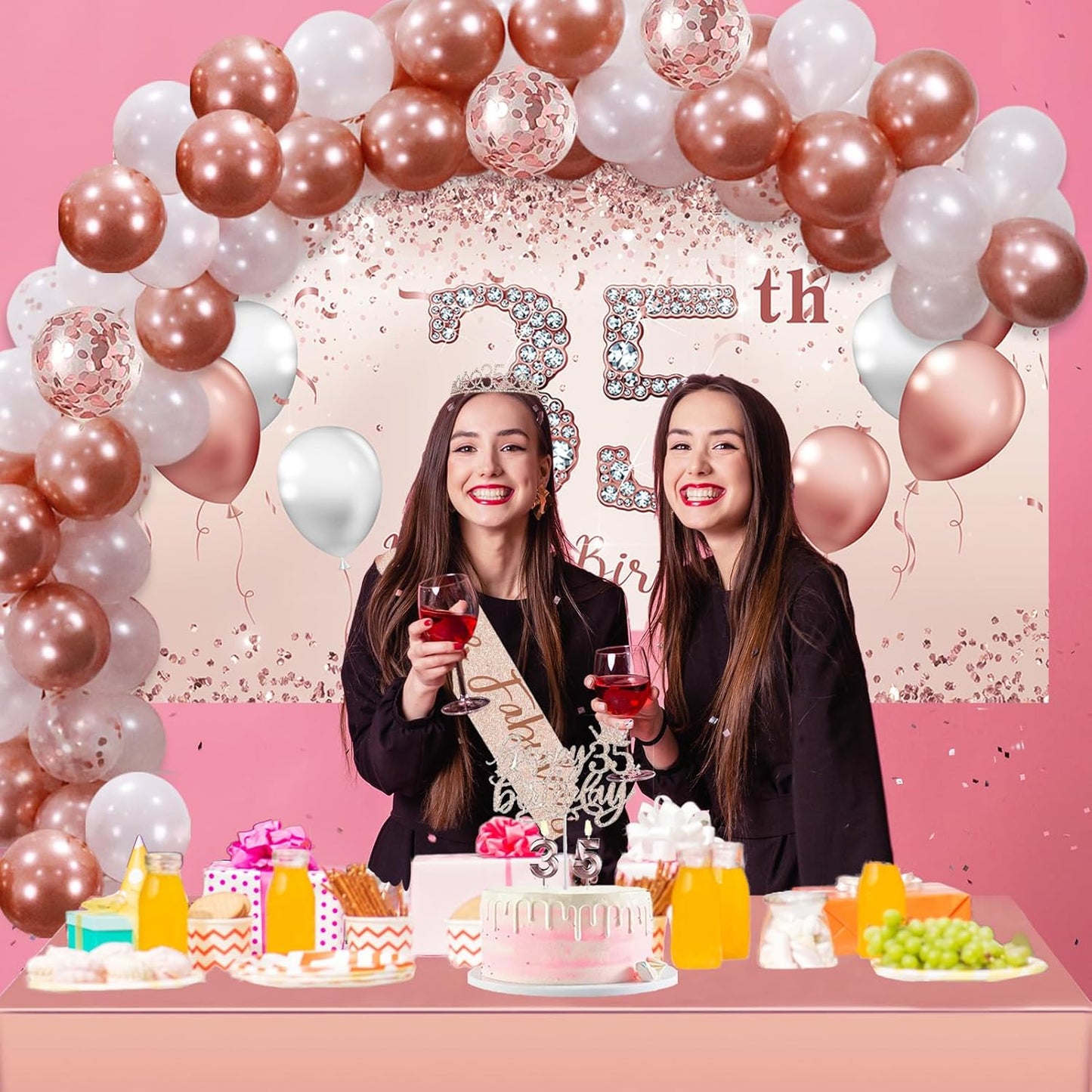Trgowaul 35th Birthday Decorations Set - Rose Gold Balloon Arch, Banner & Tiara | Pink & Gold Theme