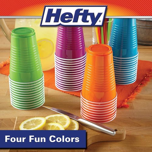 Hefty Disposable Plastic Party Cups - Easy Grip & Durable, Assorted Colors, 16-Ounce, 100 Count