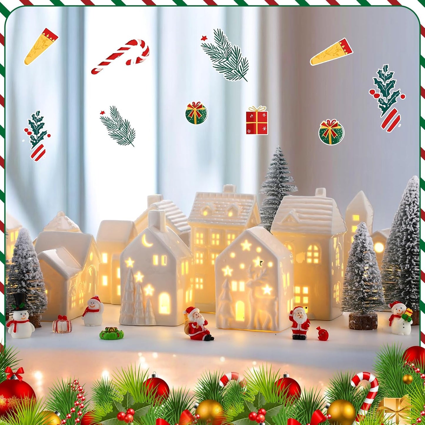 Vinsot 34 Pcs LED Christmas Village Set - Light Up Houses, Snowman & Santa Figurines, Trees & Lamp Post Decor