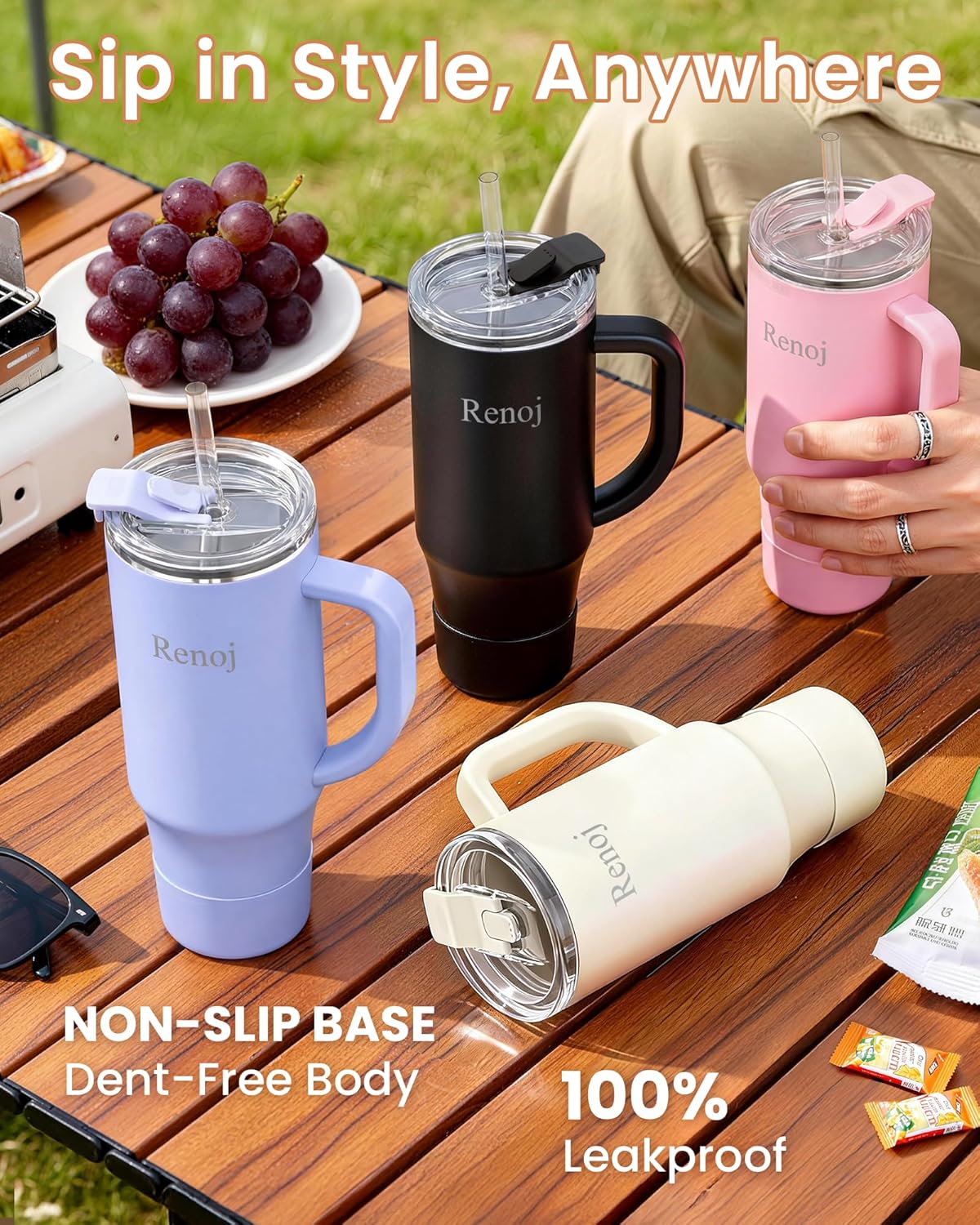 Renoj Insulated Mug | 100% Leak Proof Water Bottle for Iced Coffee & Hot Drinks - 40 oz Navy Blue with 2 Straws & Silicone Boot