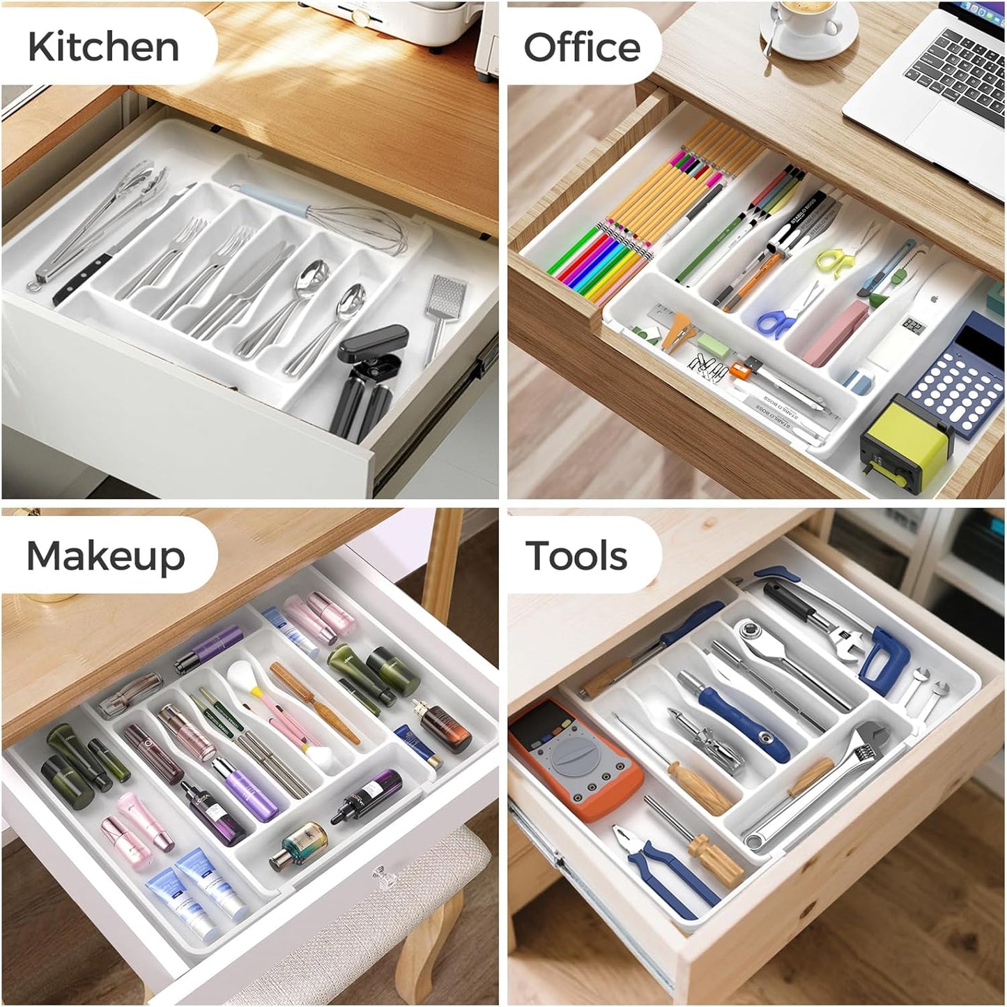 Ukeetap Extra Large Expandable Silverware Organizer - BPA-Free Cutlery Holder for Kitchen Drawers | Adjustable White Design