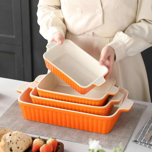 MALACASA Bakeware Set - 4-Piece Porcelain Baking Pans for Oven | Casserole & Lasagna Dishes in Orange (9.4" - 14.7")