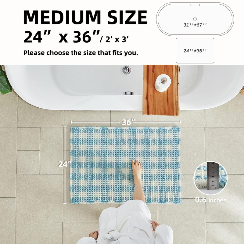 TYUU Waffle Bath Mat, Boho Bathroom Rugs Non Slip Washable Absorbent Checkered Bathroom Mat Quick Dry Cute Bath Mat, 36"x24" Blue and White