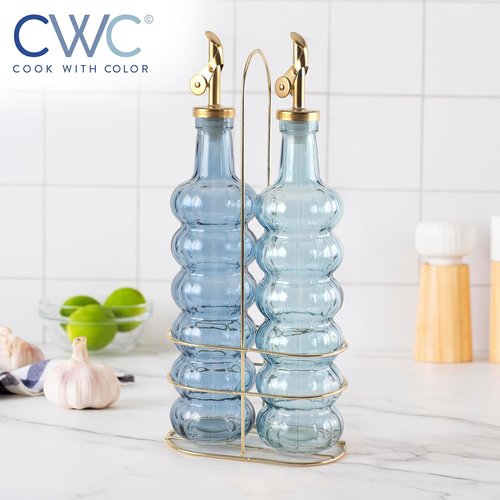 COOK WITH COLOR Glass Olive Oil Bottle Dispenser - 17oz Elegant Waves Carafe - 2 Pack in Blue