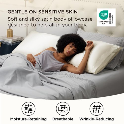 Bedsure Body Pillow Cover 20x54 Inches - Ivory Satin Similar to Silk Pillowcase for Hair and Skin, Cooling and Silky Long Body Pillow Case Cover with Envelope Closure, Gifts for Women Men