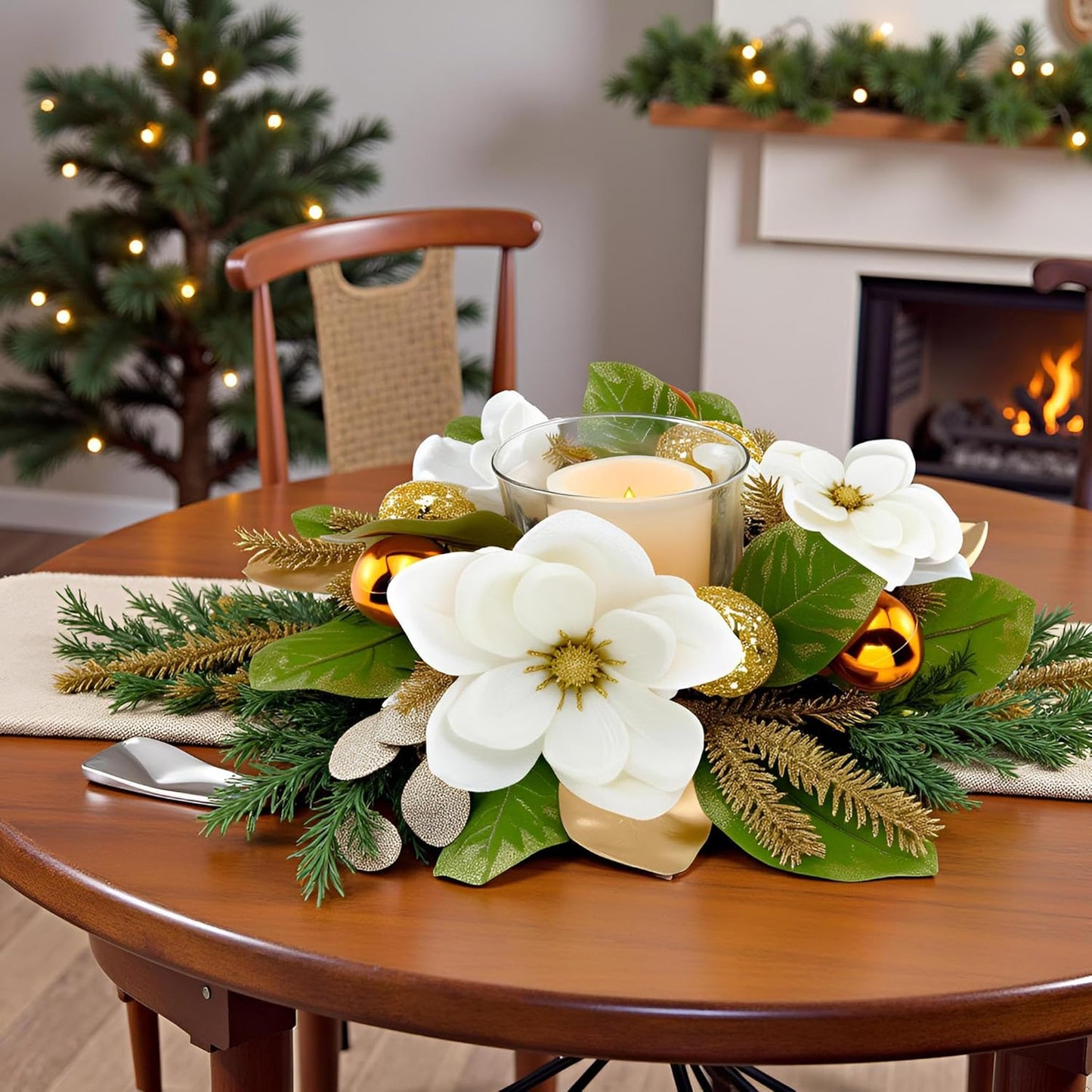 Skiennix 18" Centerpiece - Flameless LED Candle Holder with White Magnolia, Gold Baubles & Spruce Branches for Holiday Decor