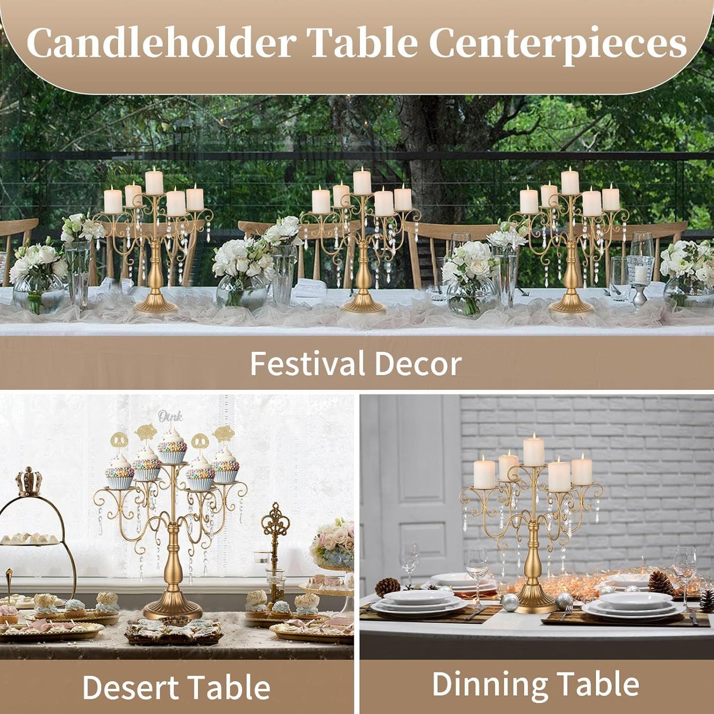 Sziqiqi Gold Candelabra Centerpiece - 5 Arm Pillar Candle Holder with Crystal Beads for Weddings & Holidays