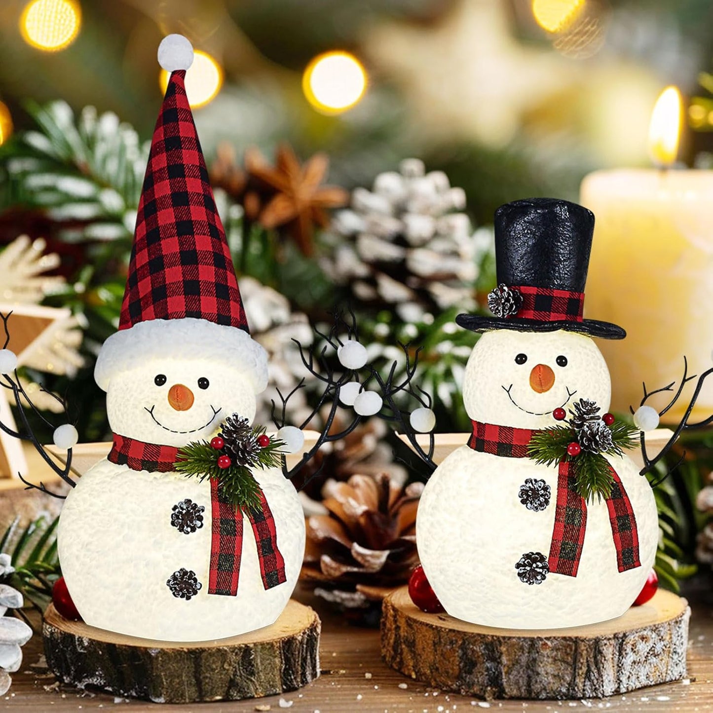 Skiennix Christmas Table Decorations - 14" Lighted Plush Snowmen & Trees | Battery Operated Ornaments