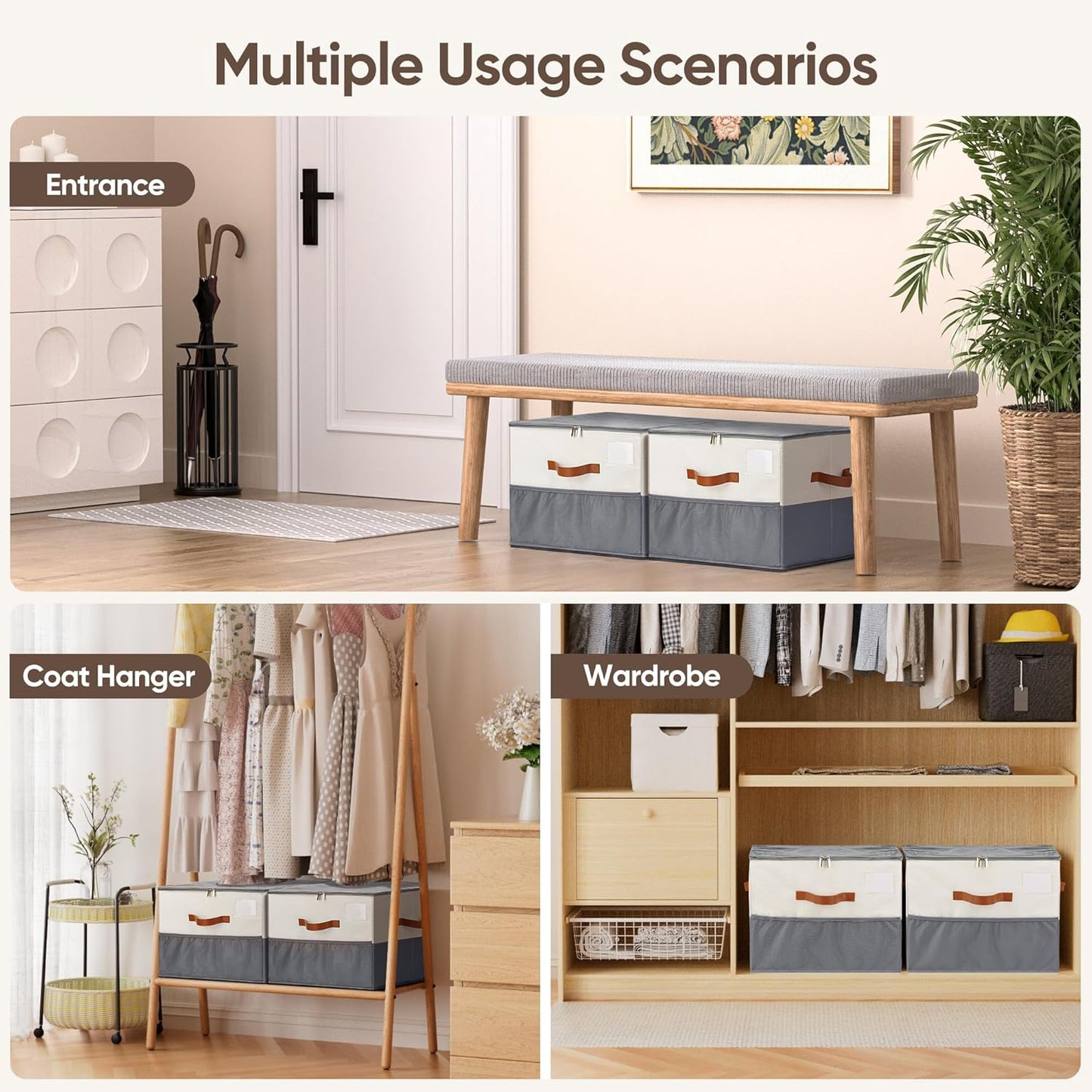 Skiennix Shoe Organizer - 2 Pack Adjustable Storage Containers with Clear Lids | Fits 16-32 Pairs, Beige & Grey