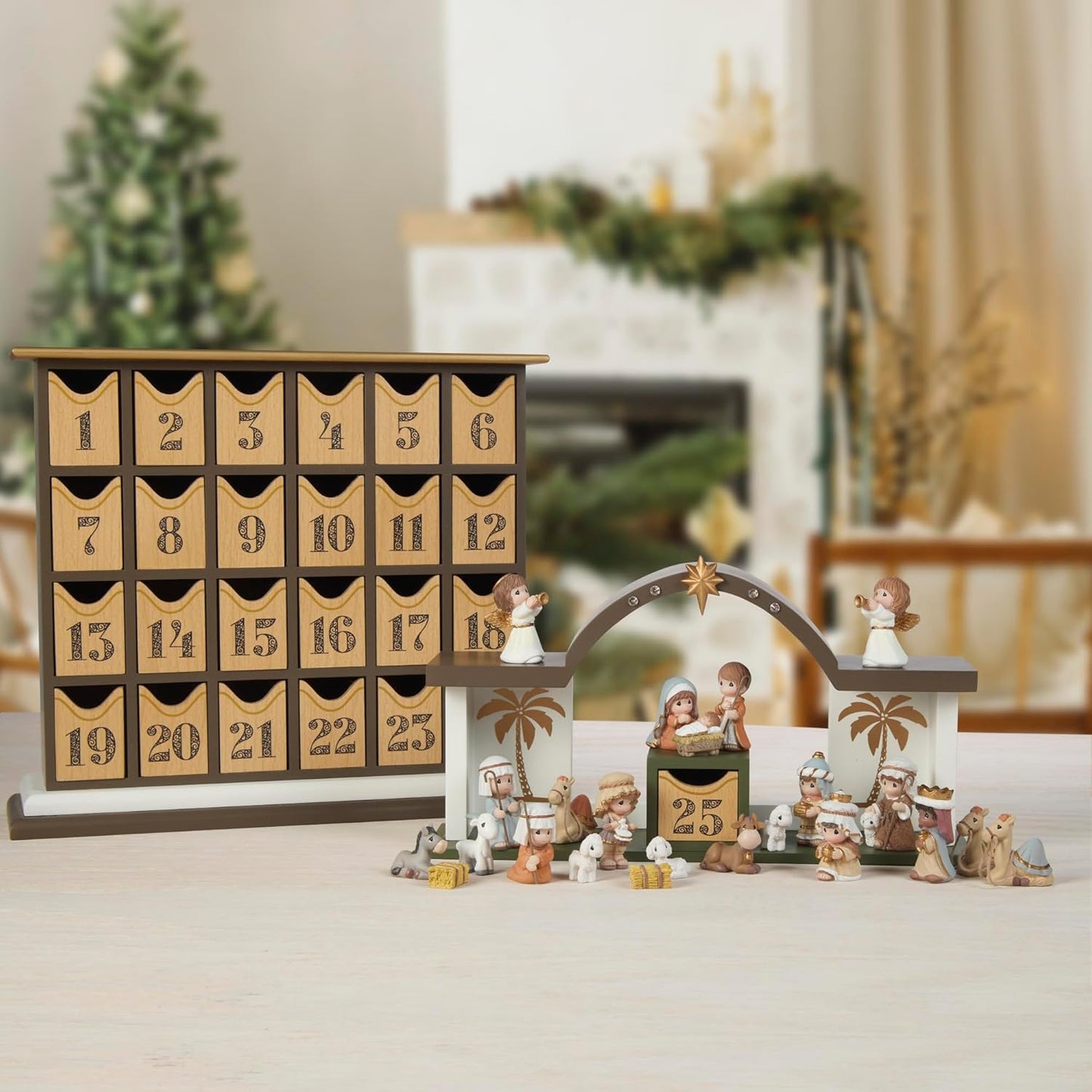 Precious Moments Countdown to Christmas Advent Calendar - Wooden Holiday Set with Storybook & Figurines - 251438