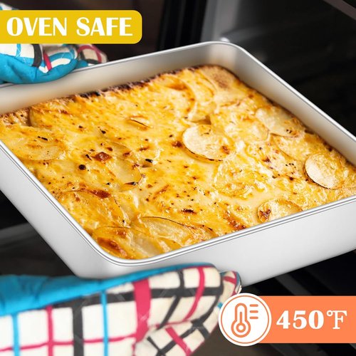 E-far Stainless Steel Square Cake Pans - Set of 2, 8x8 Inch Non-Toxic Bakeware for Lasagna & Brownies