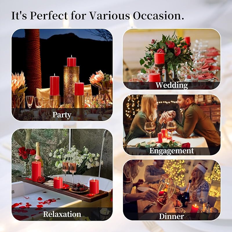 Red Pillar Candles Set of 3 x 6in - Unscented, Smokeless & Dripless 56-Hour Burn Time