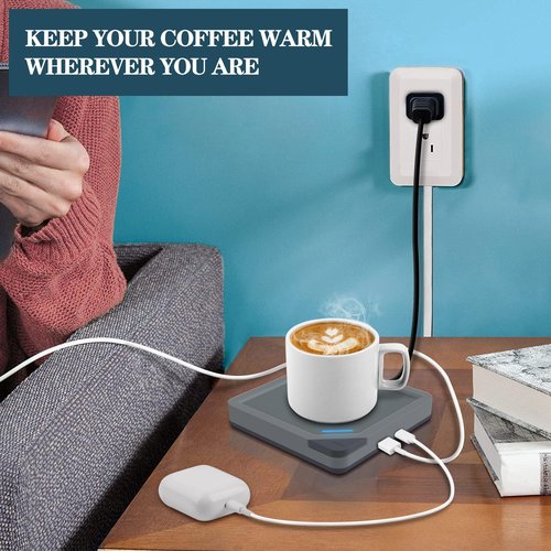 Coffee Mug Warmer Set: Coffee Warmer for Desk Auto Shut Off Candle Warmer Plate Electric Beverage Coffee Cup Warmer Heated Coffee Mug for Coffee,Tea, Milk Up to 131°F/55°C (Grey)