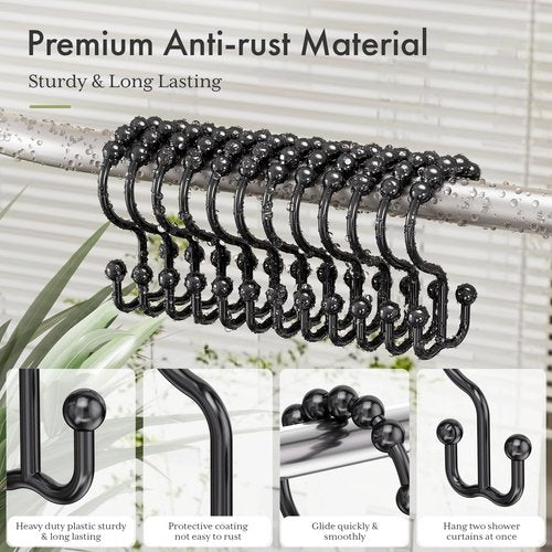 Amazer Plastic Shower Curtain Hooks, Black Shower Curtain Rings, 12Pcs Shower Hooks for Shower Curtain, Double Shower Rings, Bathroom
