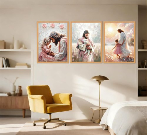 Jesus Little Girl Poster Wall Art - Devout Christian Canvas Print for Children's Room | Unframed