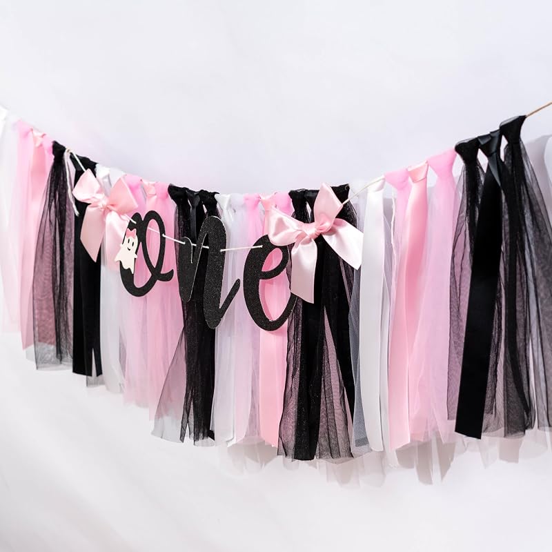 Halloween Ghost One High Chair Banner with Pink, Black & White Tulle Skirt