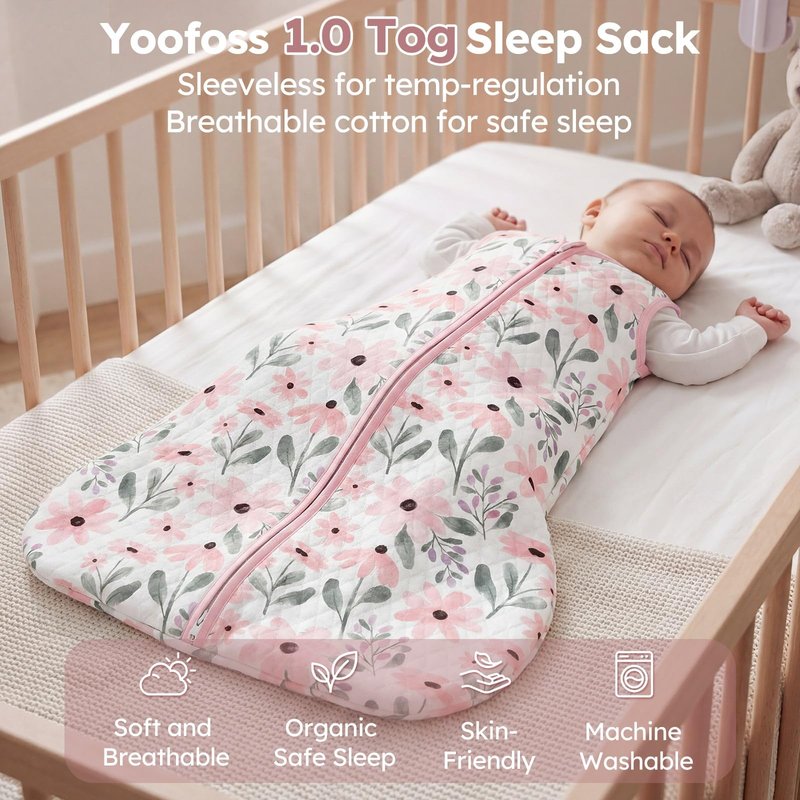 Yoofoss Baby Sleep Sack 6-12 Months 1.0 Tog Sleep Sack Organic Cotton Wearable Blanket for Infants 2-Way Zipper Quilted Sleeping Sacks(Medium)