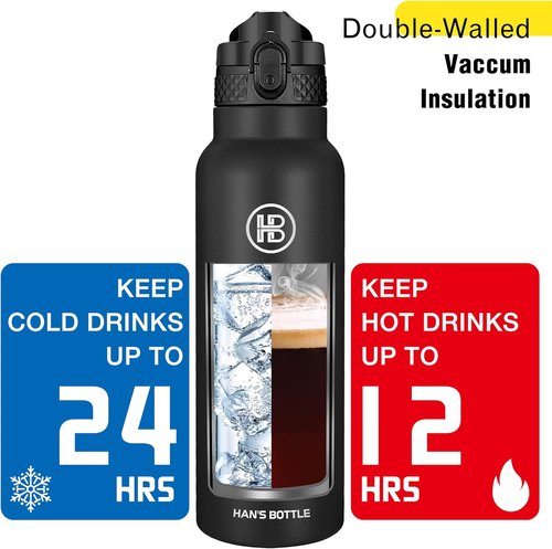 Han's Bottle Sports Water Bottle - 24 Oz Vacuum Insulated, Leak Proof Straw Lid - Black Stainless Steel