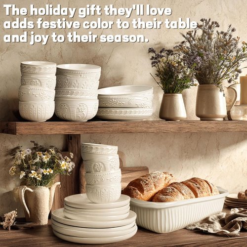 Artena Large Pasta Bowls Set of 4 - 50oz White Ceramic Salad & Soup Bowls | Microwave & Dishwasher Safe